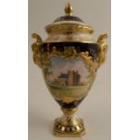 A Coalport limited edition covered pedestal vase, decorated with a view of a Castle Mey by