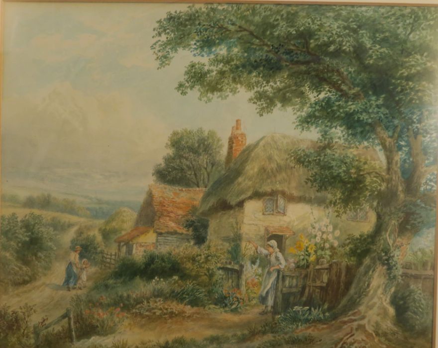 In the manner of Miles Birkett Foster, watercolour, rural scene with figures outside a thatched - Image 2 of 3