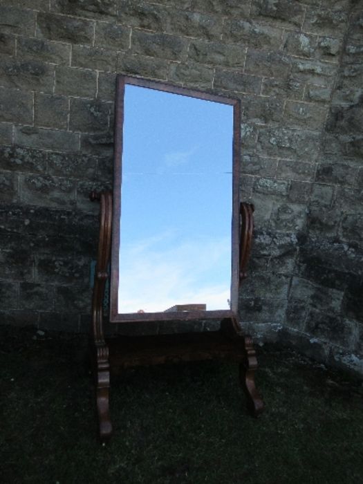 A 19th century mahogany framed cheval mirror, plate size 46ins x 25.5ins, x max height 66ins