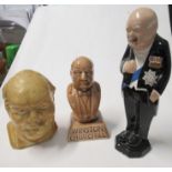 A figure of Winston Churchill, height 8ins, together with two busts of Winston Churchill heights