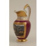 A Chamberlains Worcester miniature jug, decorated with a landscape panel with Malvern Priory and the
