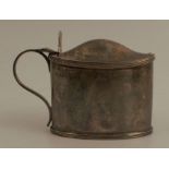 An oval silver mustard pot, with ribbed edges, London 1888, maker William Hutton & Son, weight 3oz