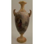 A Royal Worcester pedestal vase, with blush ivory neck, handles and foot, the body decorated all