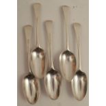 A set of five mid 18th century silver serving spoons, London 1768, maker T.L, weight 9oz, length 8.