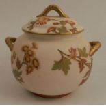 A Royal Worcester gilded ivory covered sugar bowl, decorated with floral sprays, retailed by