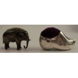 Two novelty silver pin cushions, formed as a clog and an elephant, Birmingham 1901 and 1909 - Clog