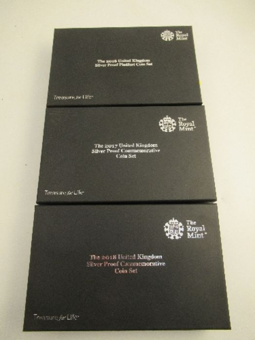 A Royal Mint 2016 UK silver proof Piedfort coin set, together with 2017 and 2018 UK silver proof