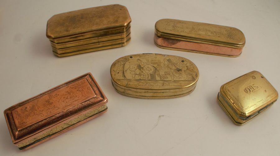 Five 19th century Continental snuff boxes, three in brass, two in copper and brass, the lid of one