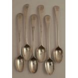 A set of six mid 18th century silver spoons, the long handles engraved with a crest, bottom