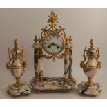A 19th century French marble and gilt metal clock garniture, the dial decorated with floral