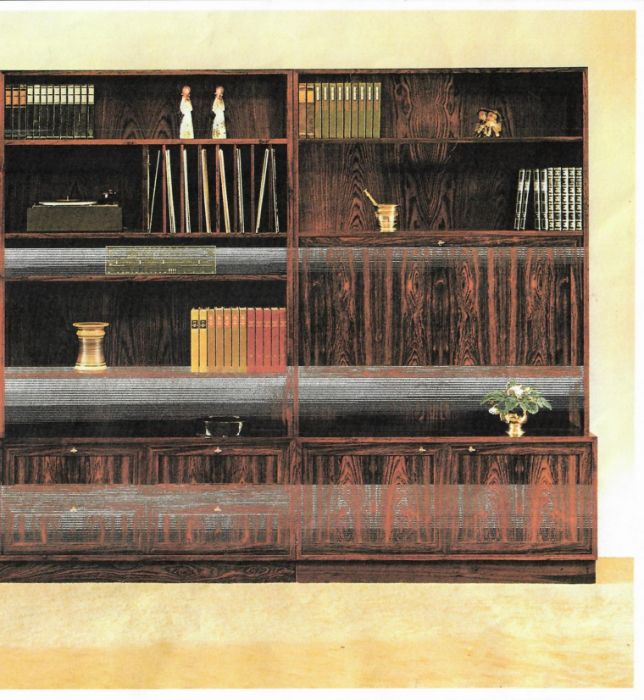 A three section teak, oak and rosewood unit, in the Danish style, manufactured by Sejling Skabe,