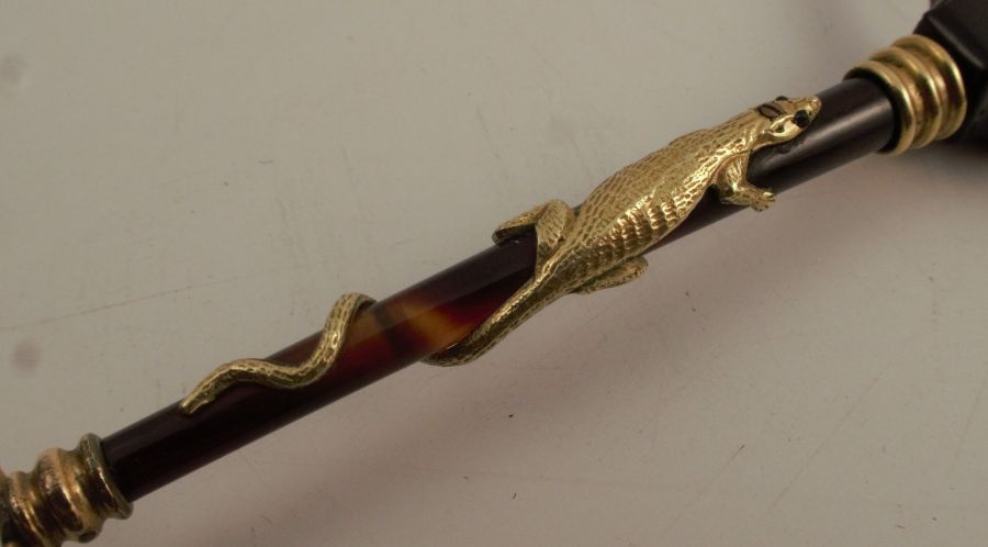 A pair of 19th century lorgnettes, the handle mounted in yellow metal with a lizard, together with - Image 2 of 6