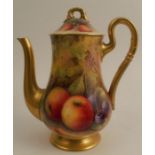 A Royal Worcester coffee pot, the cover and baluster body decorated all around with fruit a mossy