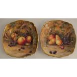 Two Royal Worcester square dishes, decorated with fruit to a mossy background by H H Price, with