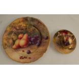 A Royal Worcester cabinet plate, decorated with fruit to a mossy background by H H Price, af,