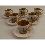 A set of six Royal Worcester coffee cups and saucers, decorated with pheasants in landscape by Jas