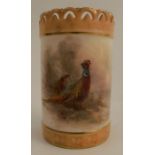 A Royal Worcester cylindrical vase, decorated to the front with two pheasant in landscape by Jas