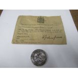 World War I, silver wound badge with certificate, awarded to Chief Motor Mechanic Lionel Edwin Cass,