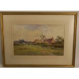 Sylvester Stannard, watercolour, rural scene with houses, chickens and washing line, 9.5ins x 16ins