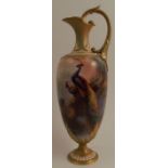 A Royal Worcester ewer, decorated all around with peacocks in landscape by Charles White, dated