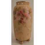 A Grainger & Co Worcester blush ivory cylindrical vase, with pierced neck, decorated with pink