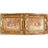 Two rectangular porcelain plaques, decorated with fruit to a mossy background by Booth, 5.5ins x 7.