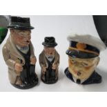 Two Royal Doulton Winston Churchill character jugs, heights 6ins and 4ins, together with a