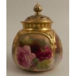 A Royal Worcester covered vase, the quarter lobbed body decorated with roses, pierced cover af,