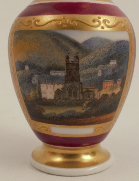 A Chamberlains Worcester miniature jug, decorated with a landscape panel with Malvern Priory and the - Image 2 of 4