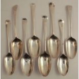 Eight various mid 18th century silver serving spoons, six engraved with initials, two with crests,