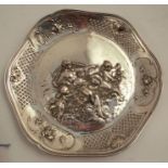 A Continental silver dish, of shaped circular form, with pierced and embossed decoration of a semi