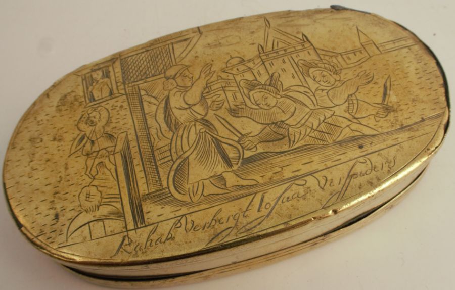 Five 19th century Continental snuff boxes, three in brass, two in copper and brass, the lid of one - Image 10 of 15
