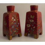 A pair of Aesthetic Movement glass square cornered vases, decorated with butterflies and foliage