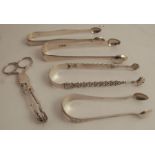 Three pairs of Georgian hallmarked silver sugar tongs, weight 3oz, together with a pair fo