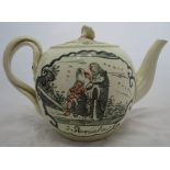 An 18th century Leeds creamware teapot, decorated with scenes of Samuel anoints Saul from J Samuel
