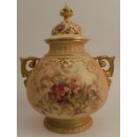 A Royal Worcester blush ivory covered vase, with pierced and floral decorated cover, the body