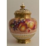 A Royal Worcester pot pourri, decorated all around with hand painted fruit by Freeman, shape