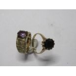 A 9 carat gold amethyst dress ring, together with a garnet single stone ring stamped 9ct Gold', 7.6g