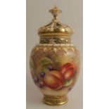 A Royal Worcester crown top pot pourri, decorated all around with hand painted fruit by Leaman,