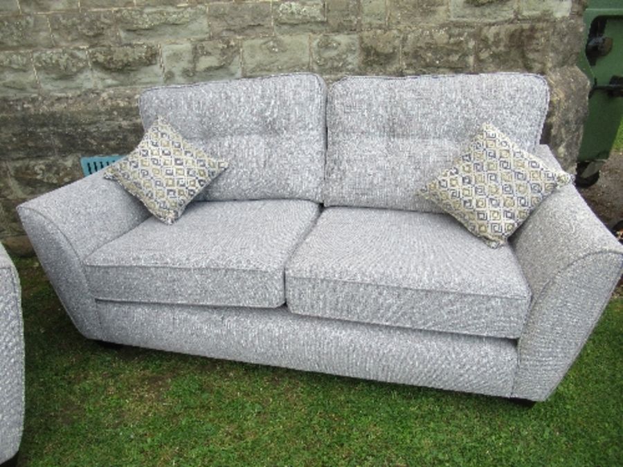 A two seat sofa, together with a single armchair, in grey upholstery, with fire labels - Image 2 of 4