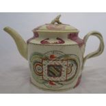 An 18th century William Greatbatch creamware teapot, decorated in polychrome colours with The