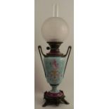 A 19th century Hinks Lever No.2 porcelain and metal oil lamp, decorated with a Classical figure,