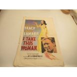 Cinema Poster, Spencer Tracy  and Hedy Lamarr, I TAKE THIS WOMAN 1939,  15ins x 23ins