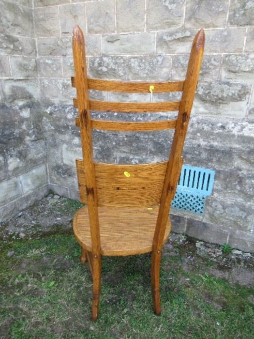 An unusual Arts and Crafts style high ladder back oak chair, max height 49ins, seat width 19ins - Image 4 of 4