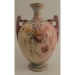 A Royal Worcester vase, decorated with flowers to a blush ivory and purple ground, with purple