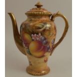 A Royal Worcester coffee pot, decorated all round with hand painted fruit by P English, height 7.