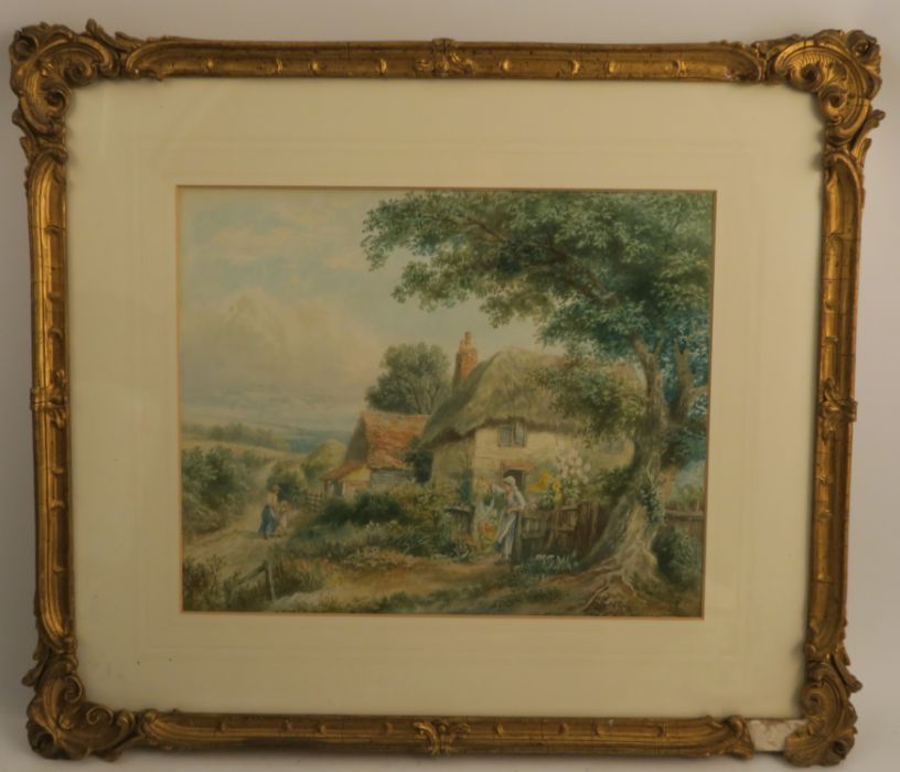 In the manner of Miles Birkett Foster, watercolour, rural scene with figures outside a thatched