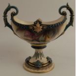A Royal Worcester Hadley ware oval centre piece, decorated with Iris, raised on a pedestal foot,
