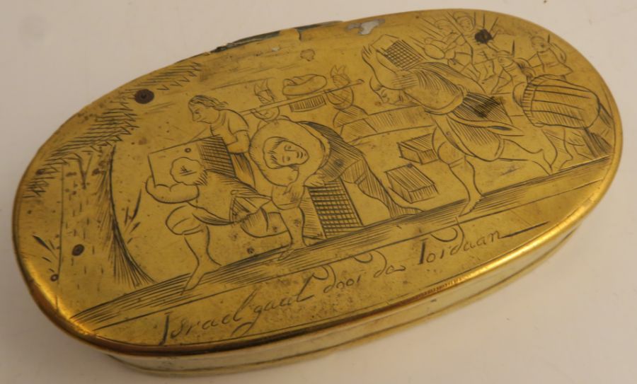 Five 19th century Continental snuff boxes, three in brass, two in copper and brass, the lid of one - Image 9 of 15