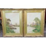 Stuart Lloyd, pair of watercolours, Chichester and Gloucester, river scenes with figures, 23.5ins